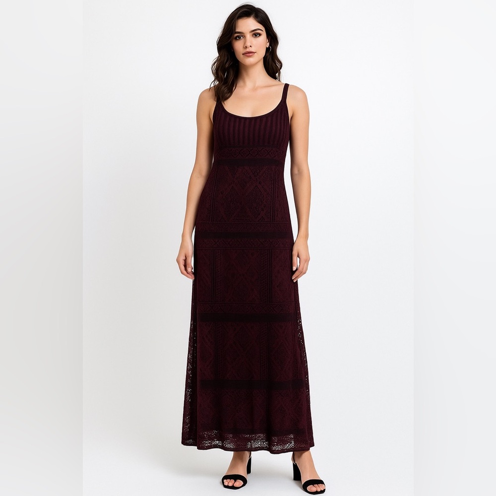 VTG Scarlet Burgandy knit overlay maxi dress size 13 boho evening dinner party